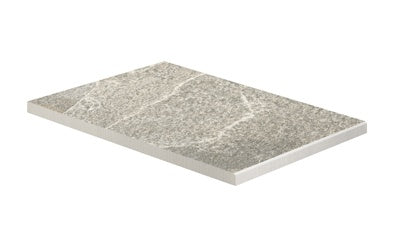 L-shaped porcelain border in textured Bianca quartzite, matte white with rustic charm for elegant outdoor pathways and refined urban landscapes.