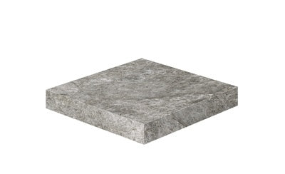 Elegant matte gray porcelain 3-way corner with textured quartzite-inspired surface, blending urban sophistication and natural warmth.