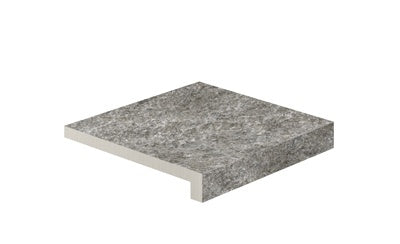 Elegant matte gray quartzite-inspired porcelain corner tile with a textured, slip-resistant surface for refined outdoor transitions.