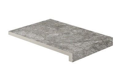 L-shaped textured quartzite-grey porcelain corner with rustic charm and matte finish for elegant urban outdoor paving.