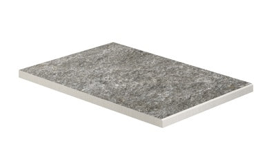 L-shaped matte gray quartzite-inspired porcelain border with rustic texture for elegant outdoor pathways and refined urban landscapes.