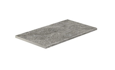 Elegant textured gray quartzite-look porcelain paving tile with a matte finish and polished edges, exuding urban sophistication and natural warmth.