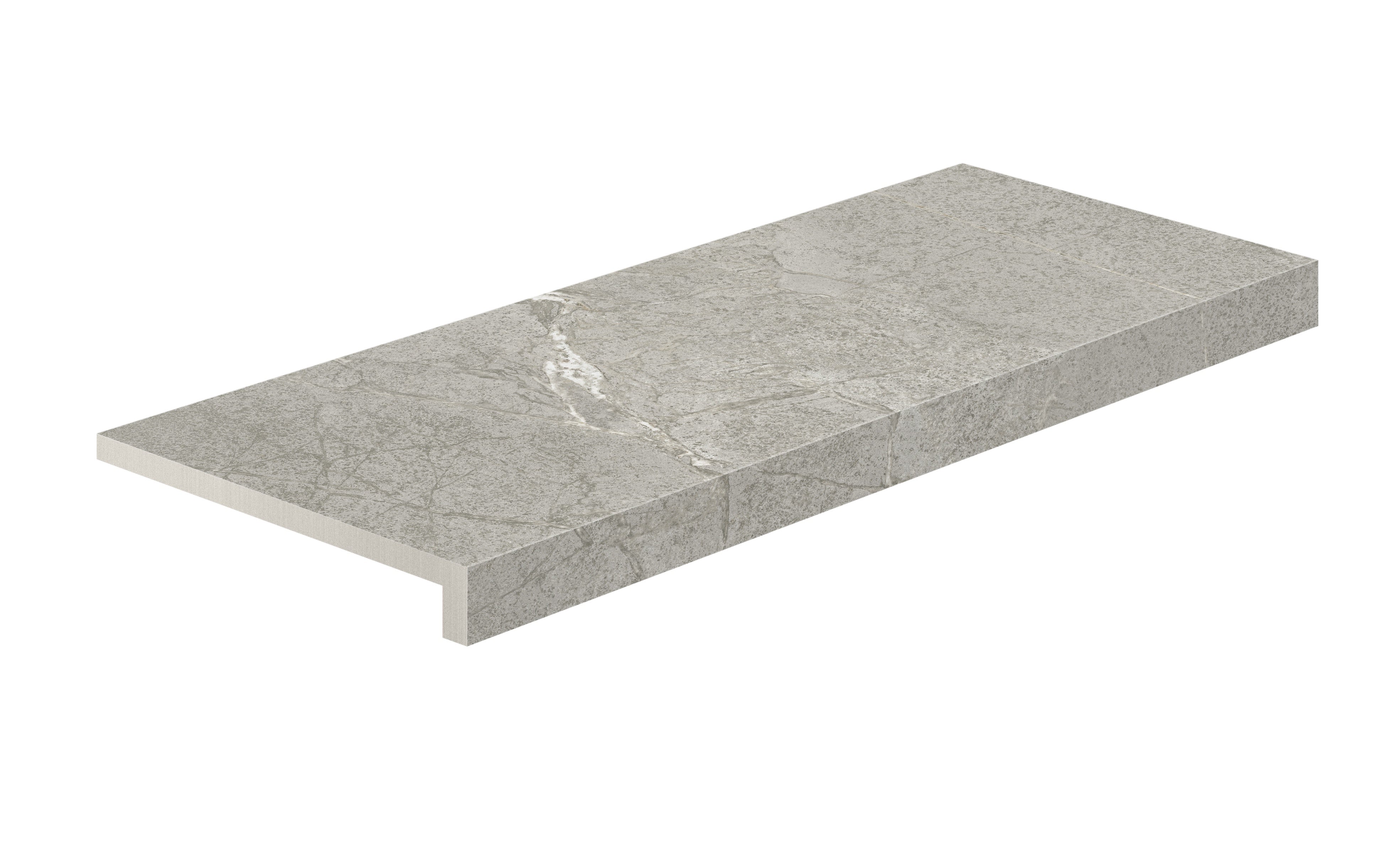 Elegant matte silver-gray porcelain corner with polished edges, evoking the raw sophistication of natural marble in a sleek, industrial design.