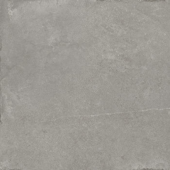 Matte porcelain tile with a textured concrete look in soft silver-gray, rectified edges for seamless luxury.