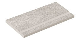 Matte beige concrete-look porcelain pool edge with polished border and subtle 3D texture for refined outdoor luxury.