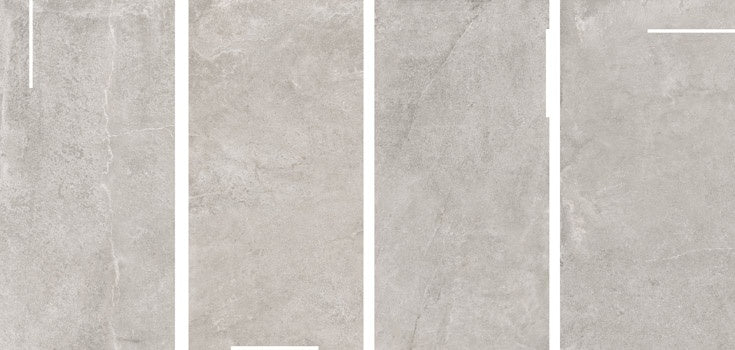 Matte beige porcelain tile with subtle 3D texture, a contemporary deco pattern in soft rectangular forms, exuding understated elegance.