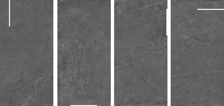 Matte dark gray porcelain tile with a contemporary 3D textured deco pattern, evoking raw concrete elegance in a luxurious matte finish.