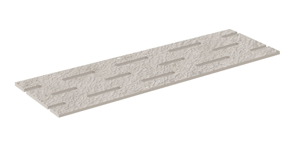 Elegant beige concrete-look porcelain pool grille with a rustic bush-hammered texture and polished edges for refined outdoor spaces.