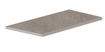 Matte gray porcelain paving with a rustic bush-hammered texture and polished edges for refined outdoor elegance.