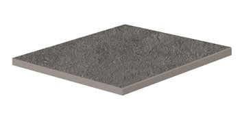 Matte dark gray porcelain border with a bush-hammered rustic texture and polished edges, evoking raw concrete elegance.