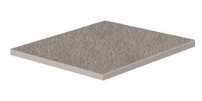 Matte gray porcelain border with a bush-hammered rustic texture and polished edges, evoking raw concrete elegance.