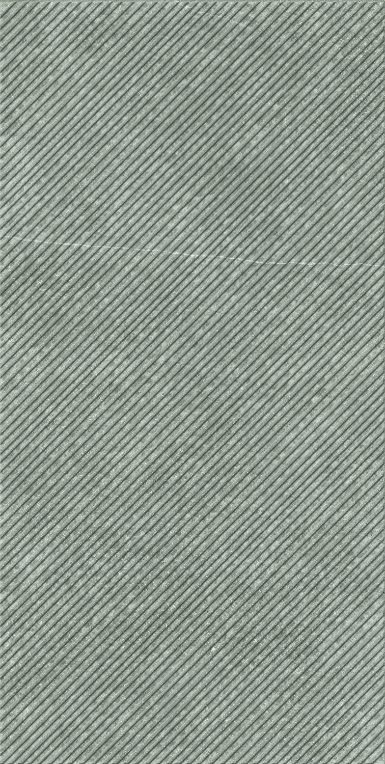 Matte silver-gray porcelain wall tile with refined diagonal grooves, offering contemporary elegance and tactile depth.