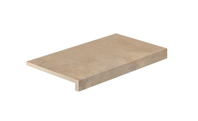 L-shaped terracotta porcelain corner with warm earthy tones and textured matte finish, evoking rustic Italian elegance.