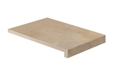 L-shaped terracotta corner tile with warm, earthy tones and a textured matte finish, evoking rustic Italian elegance.