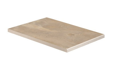 L-shaped terracotta-inspired porcelain border with warm, earthy tones and a textured matte finish, evoking rustic Italian charm.