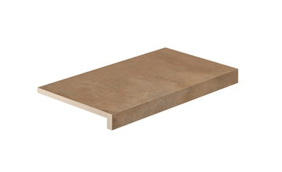 L-shaped terracotta-inspired porcelain corner with warm Tuscan texture and matte, slip-resistant finish for refined outdoor elegance.