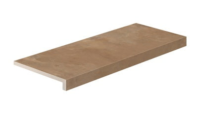 L-shaped terracotta-inspired porcelain corner with a warm Tuscan texture, matte finish, and polished edges for refined outdoor elegance.