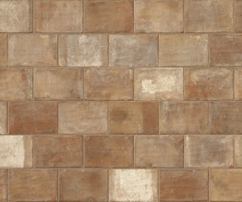 Textured terracotta cobblestone porcelain tile with warm Tuscan hues and rustic charm for elegant outdoor paving.
