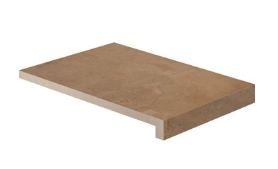 Earthy terracotta L-shaped corner with textured Tuscan warmth, matte porcelain durability for refined outdoor elegance.