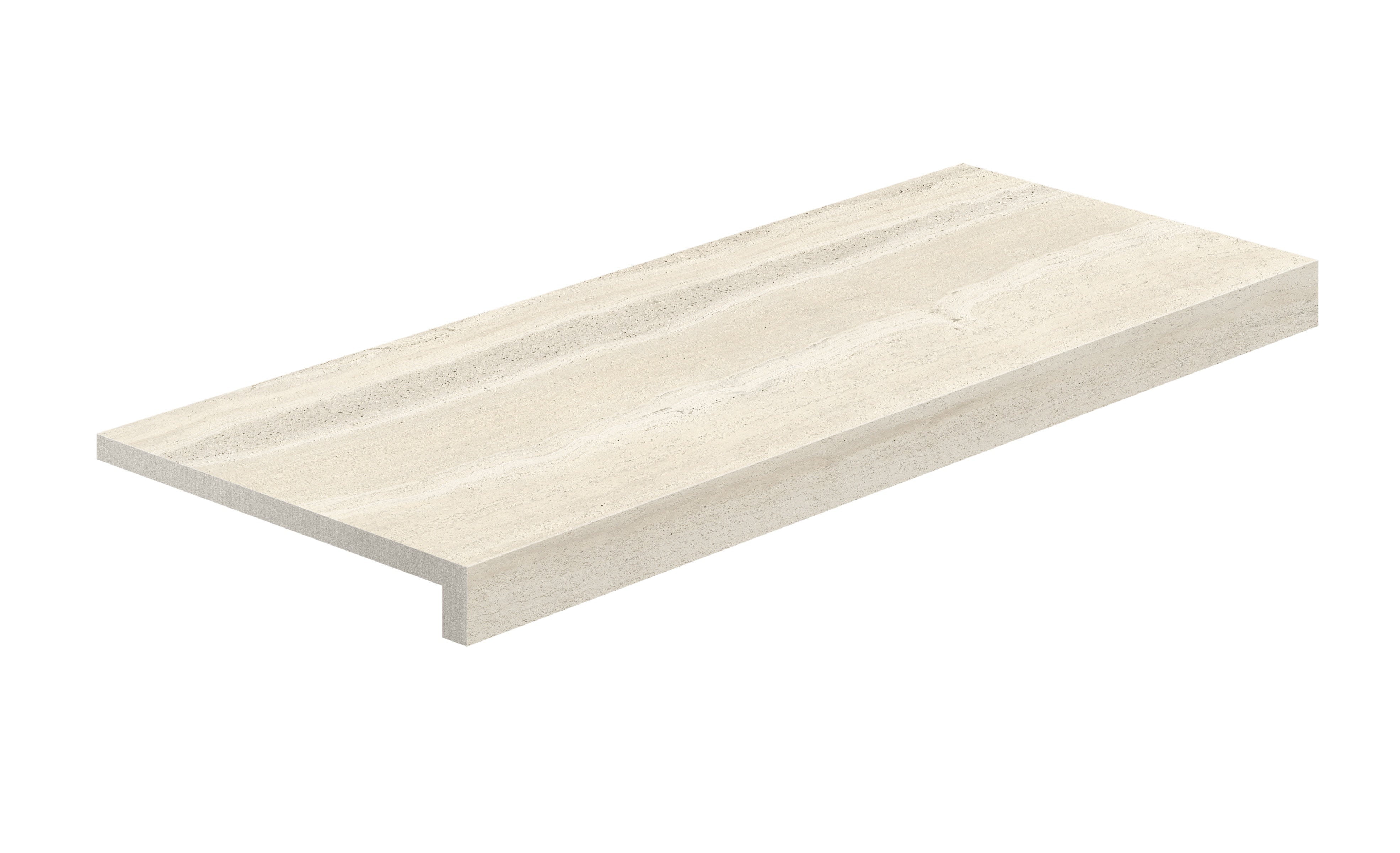 Elegant matte-finish L-shaped travertine-inspired porcelain corner in warm almond, polished edges for seamless transitions.