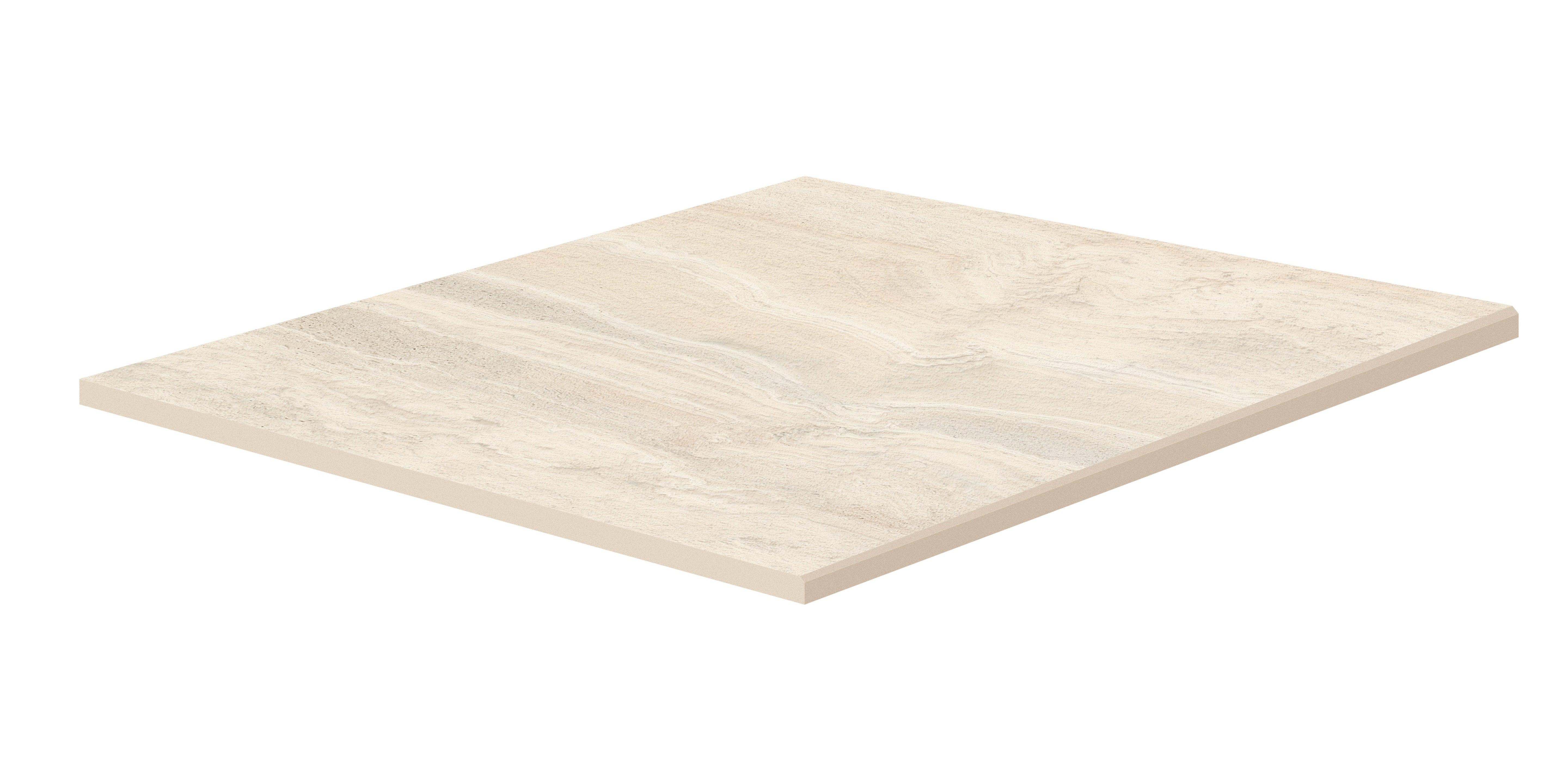 Matte almond porcelain square border with polished edges, evoking natural travertine—sophisticated, durable, and seamlessly elegant for indoor-outdoor luxury.
