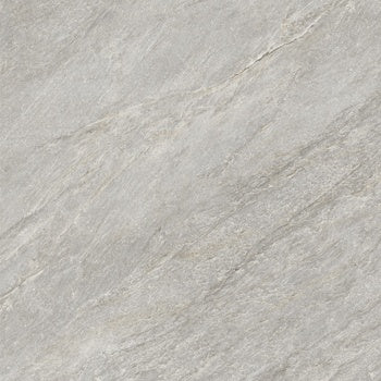Sleek matte porcelain tile in soft gray quartzite, evoking primordial serenity with a minimalist, harmonious depth.