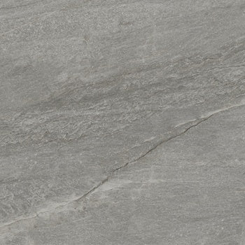 Dark gray porcelain tile with primordial quartzite texture, matte finish, exuding profound serenity and minimalist luxury for intimate spaces.