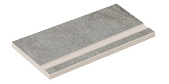 Dark gray porcelain pool edge with primordial quartzite texture, matte slip-resistant finish, and polished edges for serene outdoor luxury.