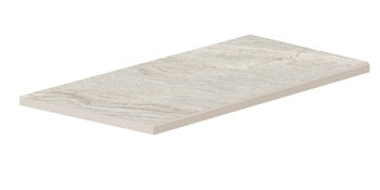 Elegant beige quartzite-look porcelain tile with a matte finish and polished edges, exuding serene primordial warmth for refined outdoor terraces.