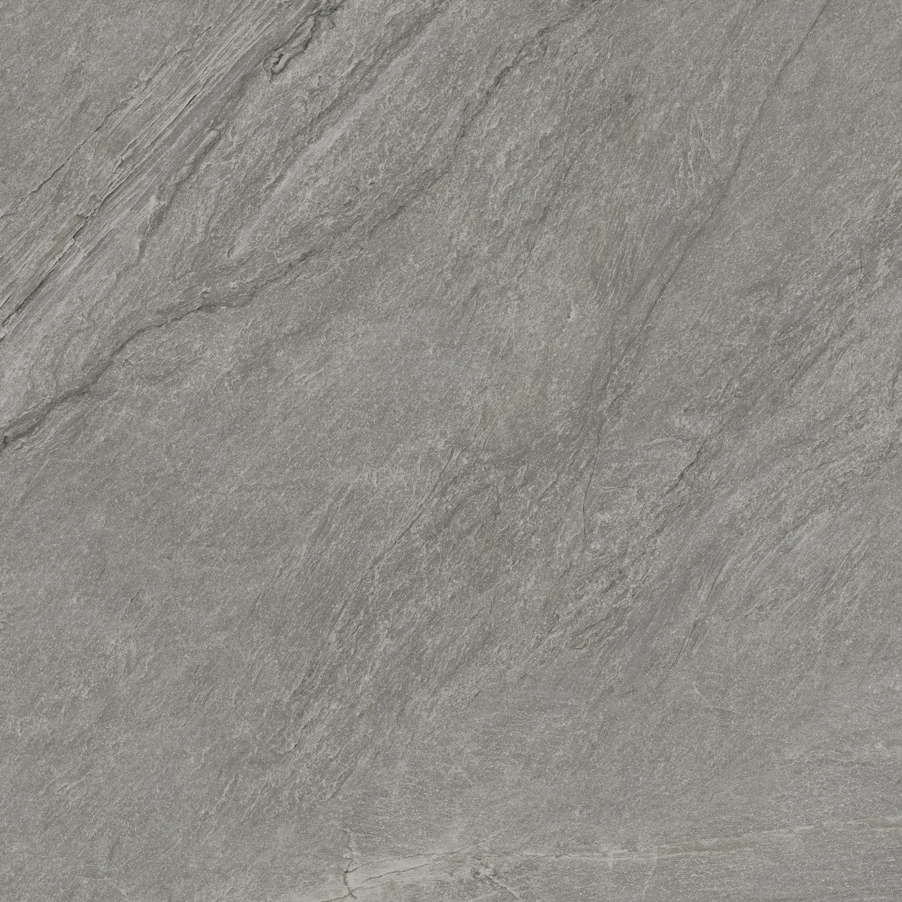 Luxurious dark gray quartzite-look porcelain tile with a matte, slip-resistant finish, exuding primordial depth and serene sophistication.