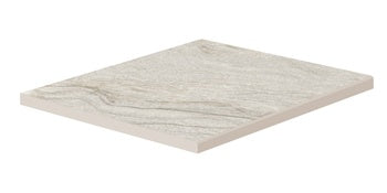 Matte beige quartzite-look porcelain square border with polished edges, evoking primordial serenity for refined outdoor and indoor spaces.