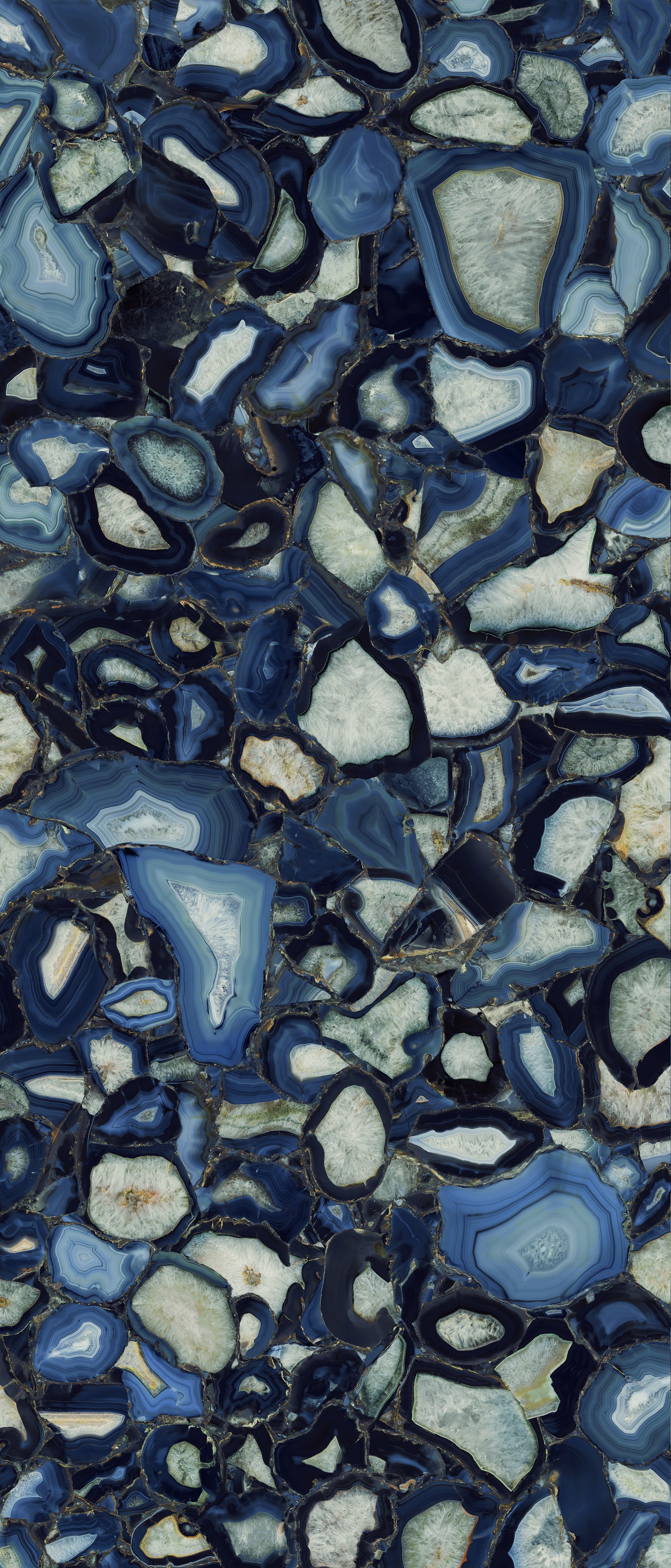 Luxurious blue agate-inspired porcelain tile with refined veining and semi-glossy finish, evoking timeless elegance and artistic depth.