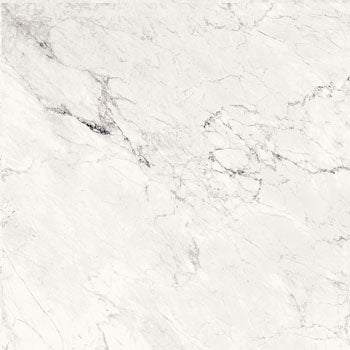 Large-format matte porcelain tile with Calacatta Extra White marble veins, exuding timeless elegance and refined luxury for sophisticated interiors.