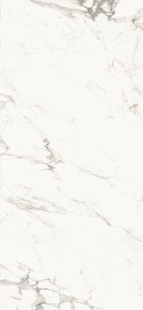 Breccia Capraia marble-effect porcelain tile in refined white with dramatic veining, semi-glossy finish, timeless elegance.
