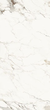 Luxurious large-format porcelain tile with Breccia Capraia marble veining in soft white, refined semi-matte finish, timeless elegance.