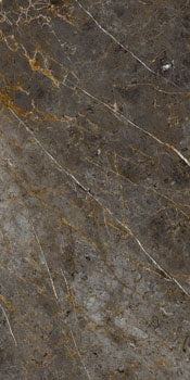 Luxurious marble-effect porcelain tile in warm brown-grey with golden-black veining, semi-glossy finish, and refined rectified edges.