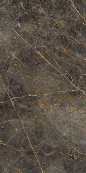 Luxurious marble-effect porcelain tile with golden-black veining on a refined brown-grey base, semi-matte finish, timeless elegance.