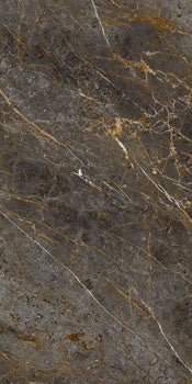 Luxurious matte porcelain wall tile with refined marble veining in soft brown-grey, edged with subtle golden-black depth.