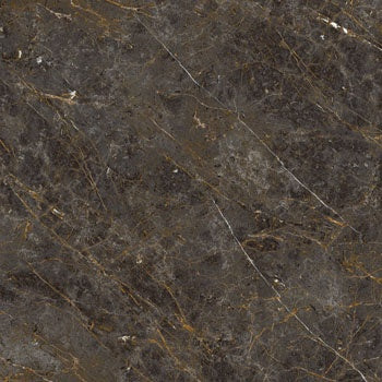 Luxurious marble-effect porcelain tile with golden-black veining on a refined brown-grey base, exuding timeless elegance and sophistication.
