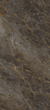 Luxurious marble-look porcelain tile in warm brown-grey with golden-black veining, semi-matte finish, refined rectified edges.