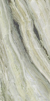 Elegant green-grey marble-look porcelain tile with golden veining, semi-glossy finish, and refined rectified edges for luxurious interiors.