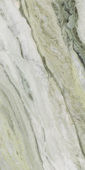Luxurious green-grey marble-look porcelain tile with golden veining, semi-matte finish, and refined rectified edges.