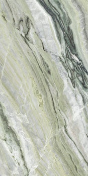 A matte porcelain wall tile with soft green-grey marble veining, kissed by golden light, exuding timeless elegance and modern luxury.