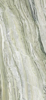 A veined green-grey marble-look porcelain tile with golden lighting, exuding timeless elegance and sophisticated luxury.