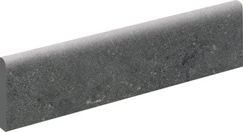 Dark gray porcelain bullnose trim with a soft matte finish and subtle 3D texture, blending organic stone allure with modern refinement.