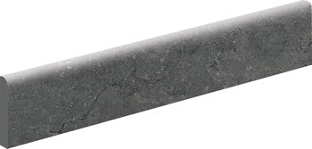 Dark gray porcelain bullnose trim with a soft matte texture, offering a sleek, modern edge for eclectic and joyful interiors.