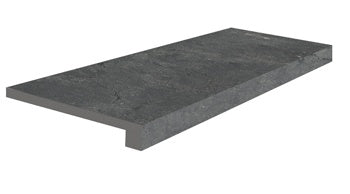 Dark grey porcelain border corner with bold 3D texture, matte finish, and playful sedimentary stone look for eclectic modern spaces.