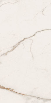 Luxurious rectified porcelain tile with Calacatta marble veins on a bright white semi-gloss surface, refined and timeless.