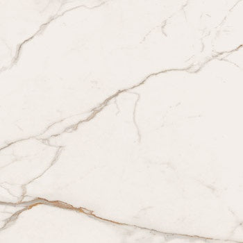 Luxurious large-format porcelain tile with Calacatta marble veining in refined white, semi-glossy finish for elegant modern interiors.