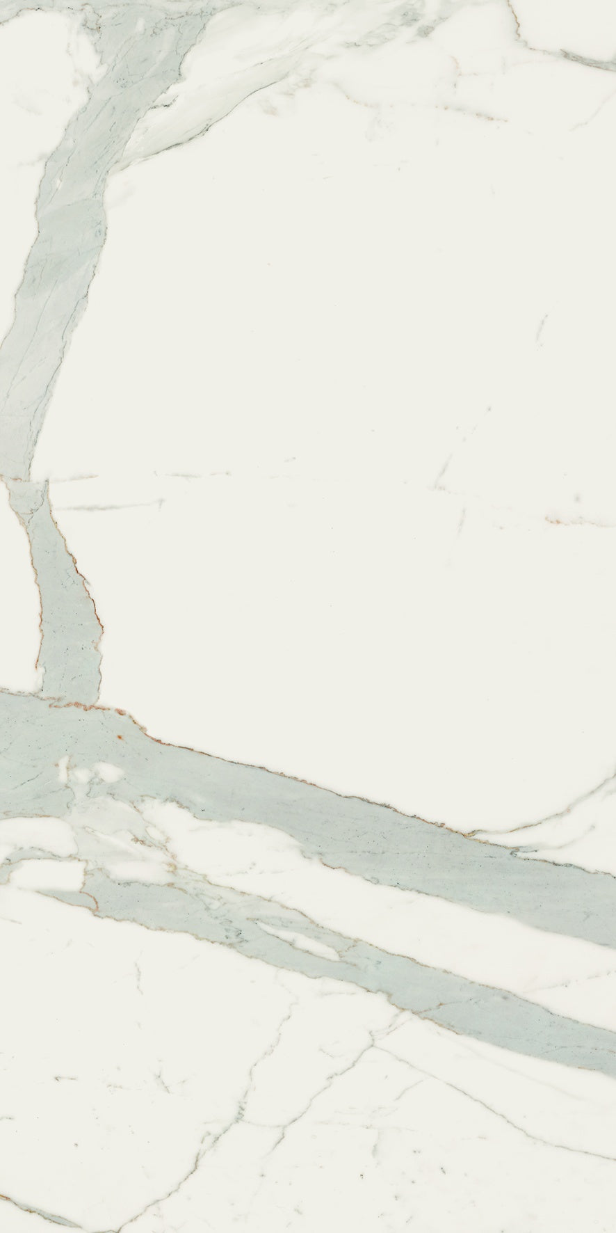 Porcelain tile with Calacatta marble veining in a soft matte white, refined rectified edges for seamless luxury.